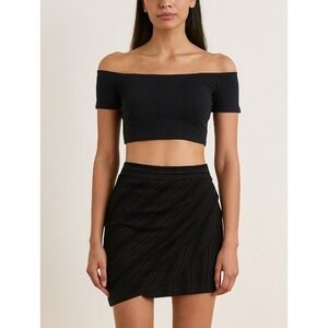 Bebe, NWT, Black Mini Skirt Asymmetrical Crossover Ruched Bodycon Party Skirt, 2